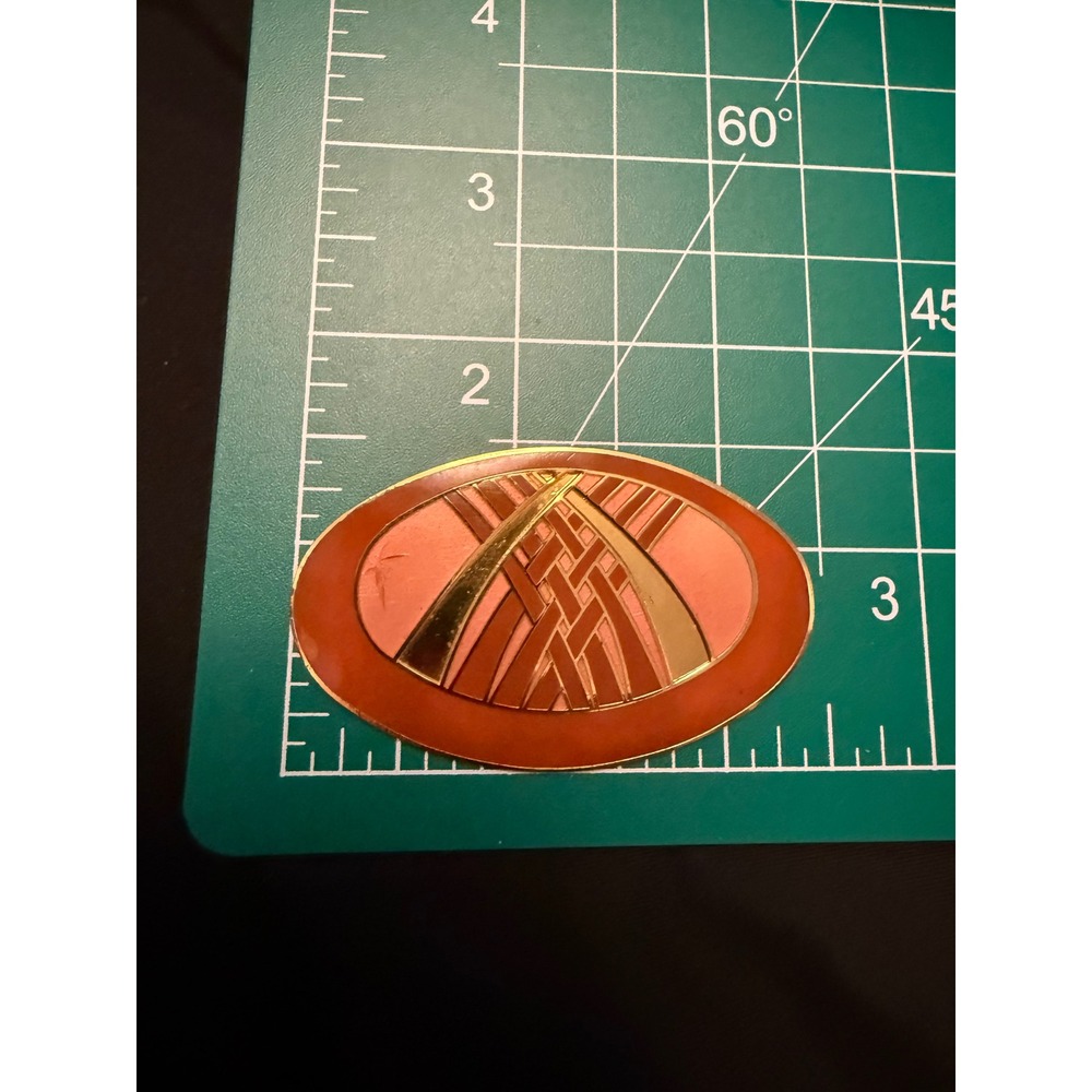 Vintage Dani Enamel Brooch Oval Geometric Woven Lattice Terracotta Gold Tone